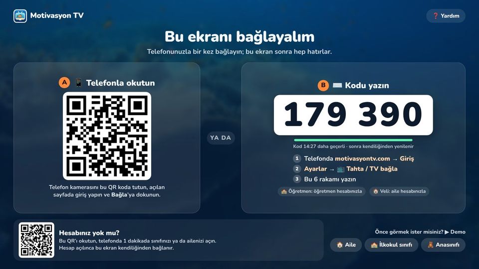Tahtada açılan bağlantı ekranı: solda telefonla okutulacak QR kod, sağda 6 haneli kod ve telefonda izlenecek üç adım